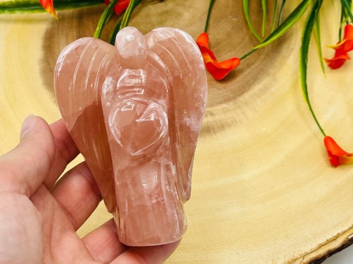 Strawberry Pink Calcite Angel | Heart Chakra | Crystal Figurine | Standing Statuette | Handmade | Angelic Reiki | Metaphysical Gemstone