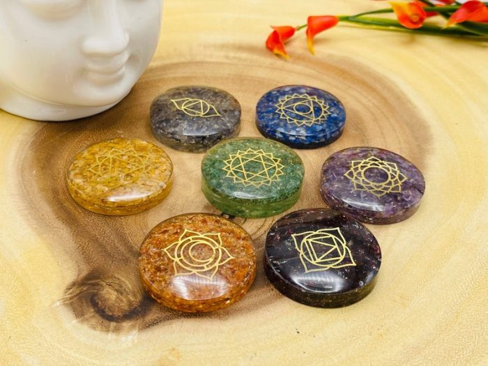 7 Chakra Round Orgone Smooth Stone Set With Engraved Chakra Symbols | Chakra Healing Palm Crystal | Reiki Chakra | Chakra Pocket Stones