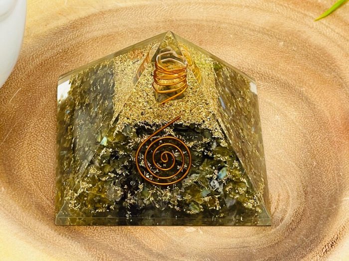 Labradorite Orgone Pyramid with Reiki Sign with Clear quartz Point | Labradorite Orgonite Pyramid | Reiki Chakra Pyramid | 3"