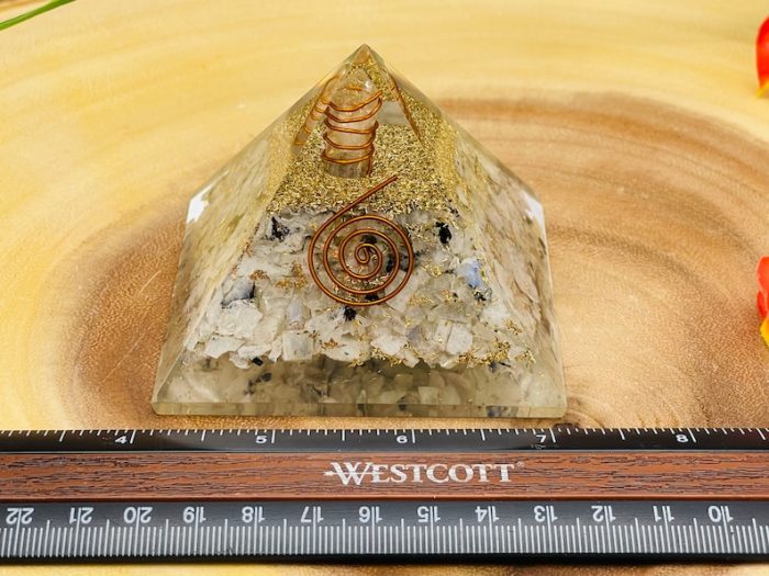 Rainbow Moonstone Orgone Pyramid with Reiki Sign with Clear quartz Point | Moonstone Orgonite Pyramid | Reiki Chakra Pyramid | 3"