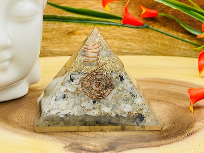 Rainbow Moonstone Orgone Pyramid with Reiki Sign with Clear quartz Point | Moonstone Orgonite Pyramid | Reiki Chakra Pyramid | 3"