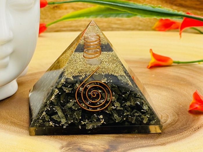 Golden Pyrite Orgone Pyramid with Reiki Sign & Clear Quartz Point | Fools Gold Pyrite Orgonite Pyramid | Reiki Chakra Pyramid | 3 inch