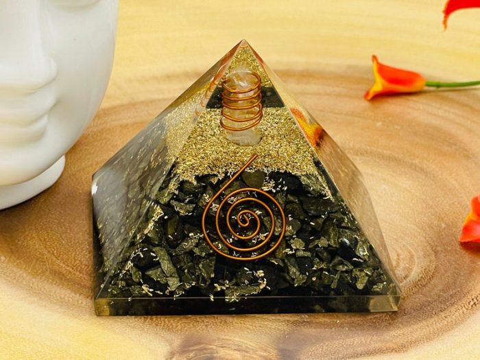 Golden Pyrite Orgone Pyramid with Reiki Sign & Clear Quartz Point | Fools Gold Pyrite Orgonite Pyramid | Reiki Chakra Pyramid | 3 inch