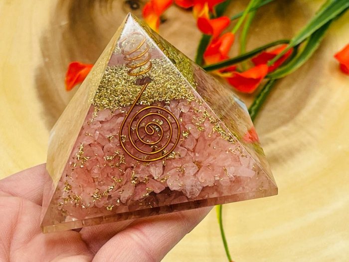 Rose Quartz Orgone Pyramid with Reiki Sign with Clear quartz Point | Rose Quartz Orgonite Pyramid | Stone of Love | Heart Chakra Pyramid 3"