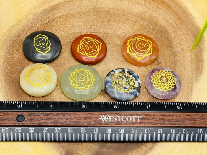 7 Chakra Round Palm Stone Set With Engraved Chakra Symbols | Polished Stones | Chakra Healing Crystals | Reiki Chakra Gift Set