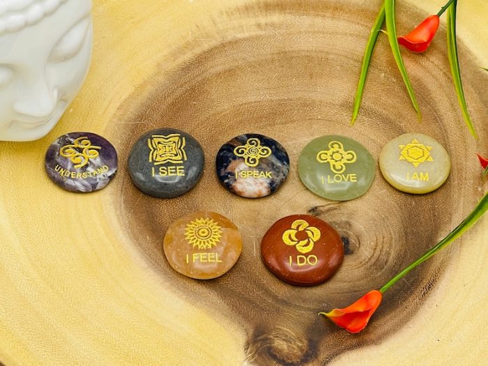 7 Chakra Round Palm Stone Set Engraved Affirmation Symbols With Velvet Pouch | Polished Stones | 7 Chakra Healing Reiki Chakra Gift Set