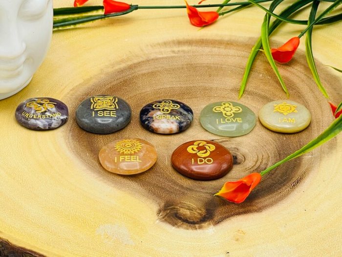 7 Chakra Round Palm Stone Set Engraved Affirmation Symbols With Velvet Pouch | Polished Stones | 7 Chakra Healing Reiki Chakra Gift Set