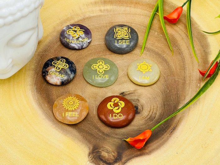 7 Chakra Round Palm Stone Set Engraved Affirmation Symbols With Velvet Pouch | Polished Stones | 7 Chakra Healing Reiki Chakra Gift Set