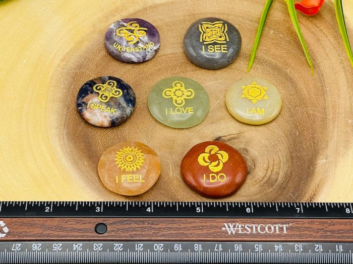 7 Chakra Round Palm Stone Set Engraved Affirmation Symbols With Velvet Pouch | Polished Stones | 7 Chakra Healing Reiki Chakra Gift Set