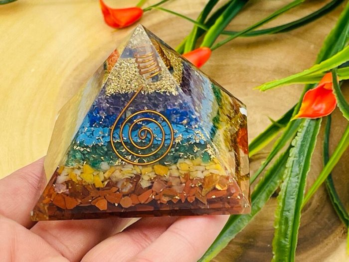 7 Chakra Chip Layered Orgone Pyramid With Reiki Symbol of Spiral & Clear Quartz Point | Chakra Healing Reiki Crystal | Orgonite Pyramid | 3"