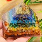 7 Chakra Chip Layered Orgone Pyramid With Reiki Symbol of Spiral & Clear Quartz Point | Chakra Healing Reiki Crystal | Orgonite Pyramid | 3"
