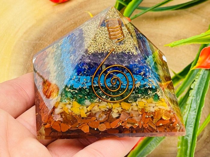 7 Chakra Chip Layered Orgone Pyramid With Reiki Symbol of Spiral & Clear Quartz Point | Chakra Healing Reiki Crystal | Orgonite Pyramid | 3"