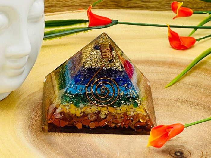 7 Chakra Chip Layered Orgone Pyramid With Reiki Symbol of Spiral & Clear Quartz Point | Chakra Healing Reiki Crystal | Orgonite Pyramid | 3"