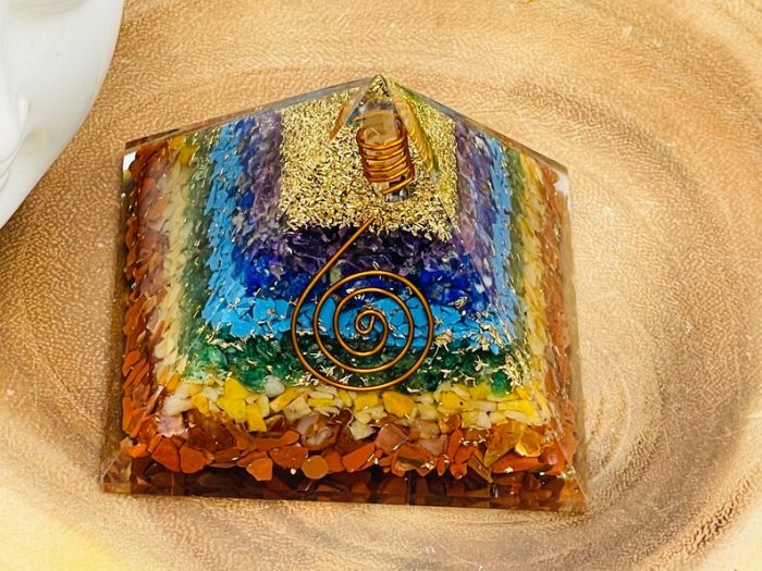 7 Chakra Chip Layered Orgone Pyramid With Reiki Symbol of Spiral & Clear Quartz Point | Chakra Healing Reiki Crystal | Orgonite Pyramid | 3"