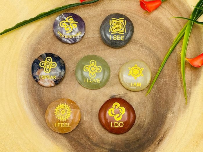 7 Chakra Round Palm Stone Set Engraved Affirmation Symbols With Velvet Pouch | Polished Stones | 7 Chakra Healing Reiki Chakra Gift Set