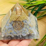 Angelite Orgone Pyramid with Reiki Sign & Clear Quartz Point | Blue Angelite Orgonite Pyramid | Reiki Chakra Pyramid | 3 inch