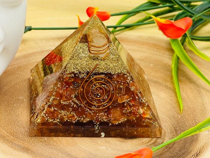 Carnelian Orgone Pyramid with Reiki Sign & Clear Quartz Point | Carnelian Orgonite Pyramid | Reiki Chakra Pyramid | 3 inch