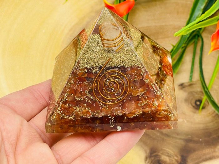 Carnelian Orgone Pyramid with Reiki Sign & Clear Quartz Point | Carnelian Orgonite Pyramid | Reiki Chakra Pyramid | 3 inch