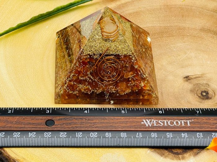 Carnelian Orgone Pyramid with Reiki Sign & Clear Quartz Point | Carnelian Orgonite Pyramid | Reiki Chakra Pyramid | 3 inch