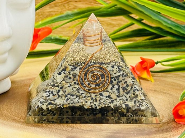 Dalmatian Jasper Orgone Pyramid with Reiki Sign & Clear Quartz Point | Dalmatian Jasper Orgonite Pyramid | Reiki Chakra Pyramid | 3 inch