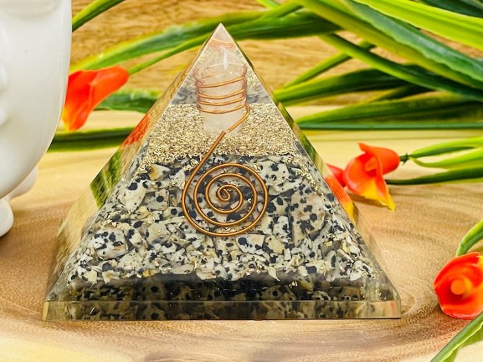 Dalmatian Jasper Orgone Pyramid with Reiki Sign & Clear Quartz Point | Dalmatian Jasper Orgonite Pyramid | Reiki Chakra Pyramid | 3 inch