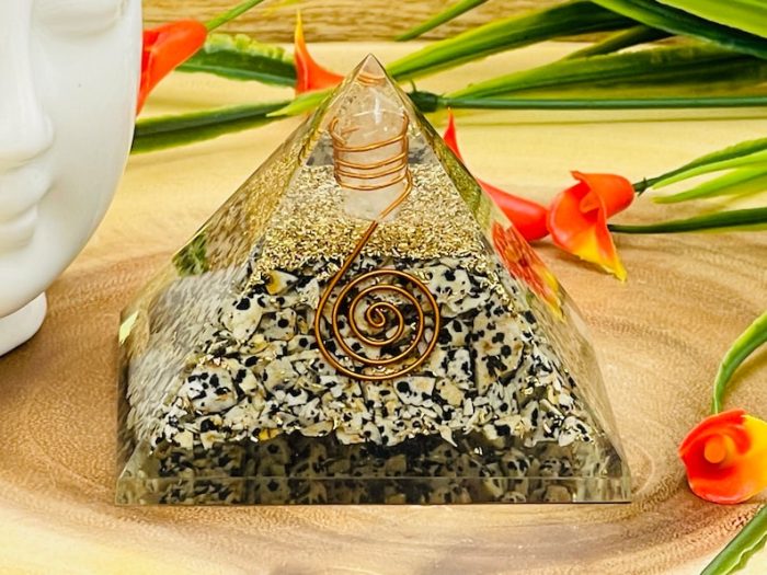 Dalmatian Jasper Orgone Pyramid with Reiki Sign & Clear Quartz Point | Dalmatian Jasper Orgonite Pyramid | Reiki Chakra Pyramid | 3 inch