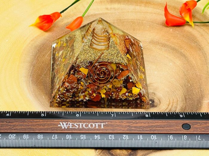 Mookaite Orgone Pyramid with Reiki Sign & Clear Quartz Point | Mookaite Orgonite Pyramid | Reiki Chakra Pyramid | 3 inch