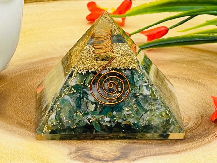 Moss Agate Orgone Pyramid with Reiki Sign & Clear Quartz Point | Moss Agate Orgonite Pyramid | Reiki Chakra Pyramid | 3 inch