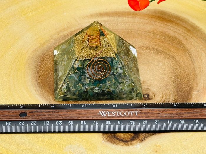 Moss Agate Orgone Pyramid with Reiki Sign & Clear Quartz Point | Moss Agate Orgonite Pyramid | Reiki Chakra Pyramid | 3 inch