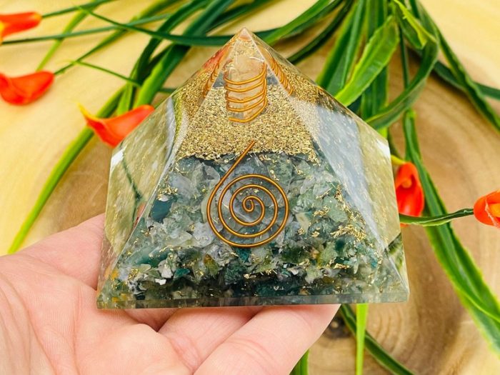 Moss Agate Orgone Pyramid with Reiki Sign & Clear Quartz Point | Moss Agate Orgonite Pyramid | Reiki Chakra Pyramid | 3 inch