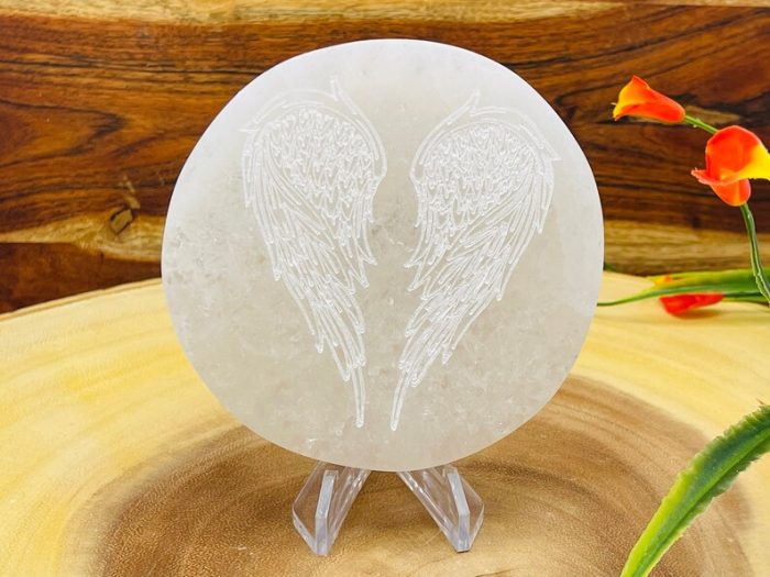 Selenite Charging Station Etched with Wings of Angel Design | Round Charging Plate | Chakra Activator | Powerful Healer | 4 inch (10 cm)