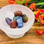Selenite Pedestal Bowl with 7 Chakra Tumbled Gemstones & Velvet Pouch | Charging Station | Chakra Tumbled Rocks | Chakra Tumbled Crystals