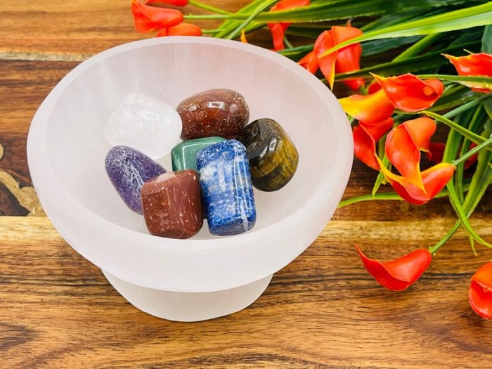 Selenite Pedestal Bowl with 7 Chakra Tumbled Gemstones & Velvet Pouch | Charging Station | Chakra Tumbled Rocks | Chakra Tumbled Crystals