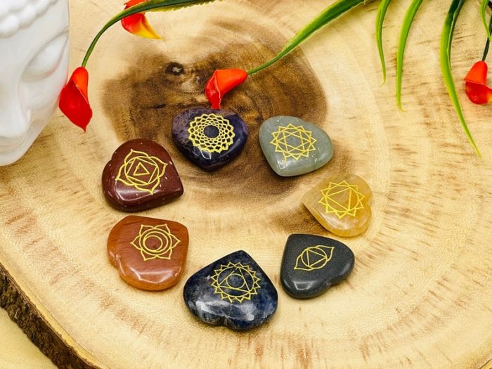 7 Chakra Heart Stone Set Engraved With Chakra Symbol | Polished Chakra Stones | Chakra Healing Crystals | Therapy | Reiki Crystals