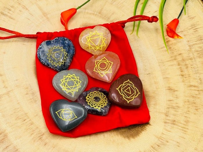 7 Chakra Heart Stone Set Engraved With Chakra Symbol | Polished Chakra Stones | Chakra Healing Crystals | Therapy | Reiki Crystals