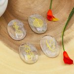 Set of 4 Crystal Quartz Smooth Stone with Engraved Reiki Symbols | Clear Quartz Pocket Stone | Heart Chakra | Metaphysical Reiki Palm Stone