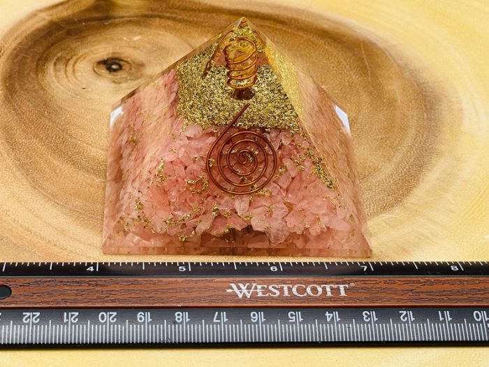 Rose Quartz Orgone Pyramid with Reiki Sign with Clear quartz Point | Rose Quartz Orgonite Pyramid | Stone of Love | Heart Chakra Pyramid 3"