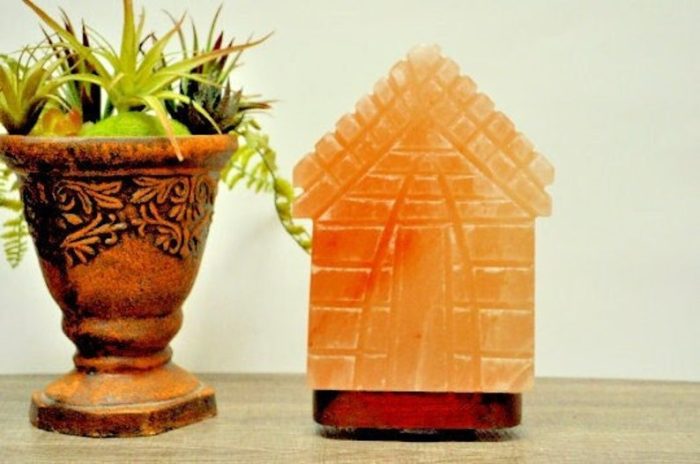 Natural Himalayan Pink Salt House Shape Lamp, Authentic, Dimmer Switch, Wood Base, Night Light, Home Decor, 8" Height