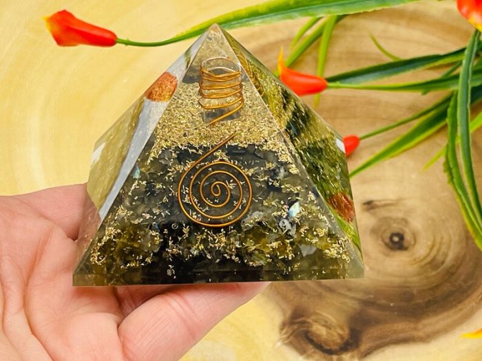 Labradorite Orgone Pyramid with Reiki Sign with Clear quartz Point | Labradorite Orgonite Pyramid | Reiki Chakra Pyramid | 3"