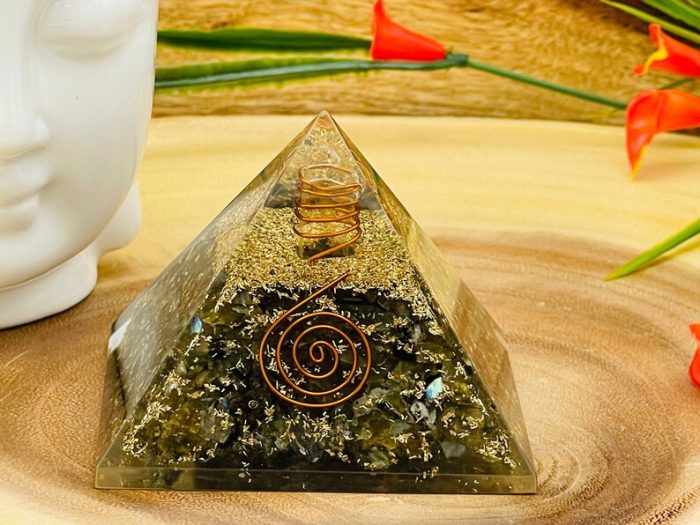 Labradorite Orgone Pyramid with Reiki Sign with Clear quartz Point | Labradorite Orgonite Pyramid | Reiki Chakra Pyramid | 3"