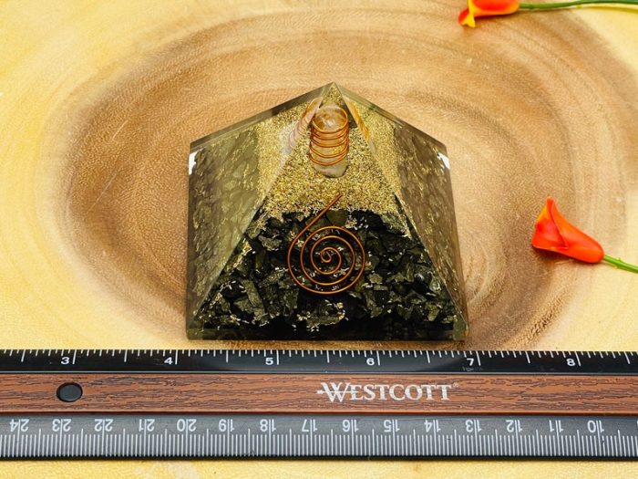 Golden Pyrite Orgone Pyramid with Reiki Sign & Clear Quartz Point | Fools Gold Pyrite Orgonite Pyramid | Reiki Chakra Pyramid | 3 inch