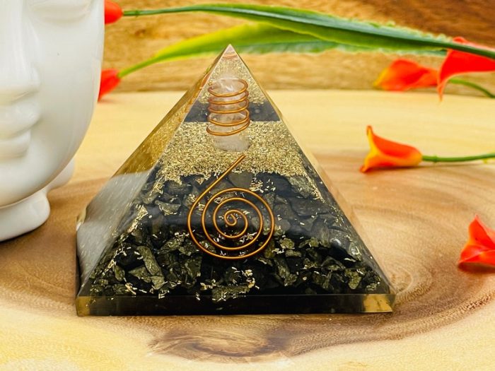 Golden Pyrite Orgone Pyramid with Reiki Sign & Clear Quartz Point | Fools Gold Pyrite Orgonite Pyramid | Reiki Chakra Pyramid | 3 inch