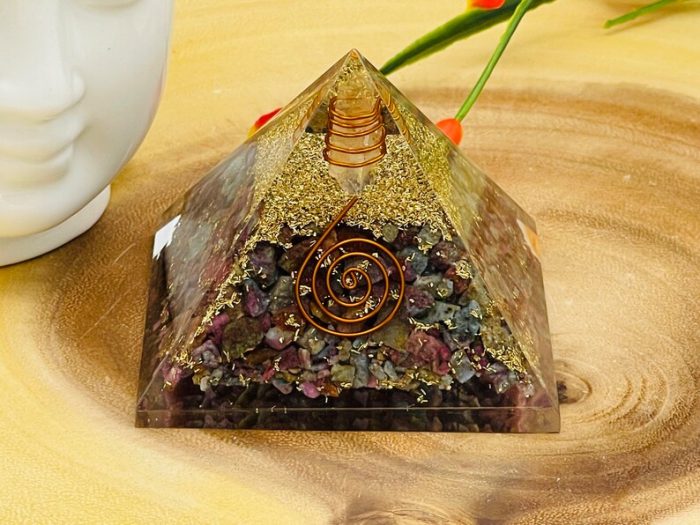 Ruby Kyanite Orgone Pyramid with Reiki Sign with Clear quartz Point | Ruby Kyanite Orgonite Pyramid | Reiki Chakra Pyramid | 3"