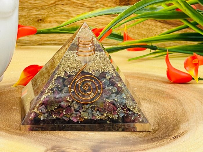 Ruby Kyanite Orgone Pyramid with Reiki Sign with Clear quartz Point | Ruby Kyanite Orgonite Pyramid | Reiki Chakra Pyramid | 3"