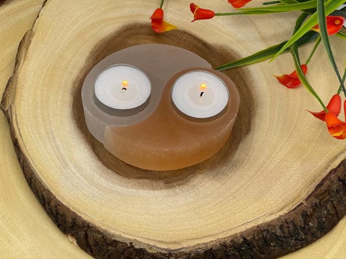 4" White & Orange Selenite Ying Yang Style Tea Light Candle Holders | Home Decor | Calming and Soothing | Meditation Healer | Reiki