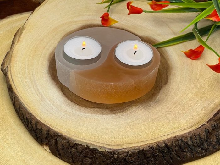 4" White & Orange Selenite Ying Yang Style Tea Light Candle Holders | Home Decor | Calming and Soothing | Meditation Healer | Reiki