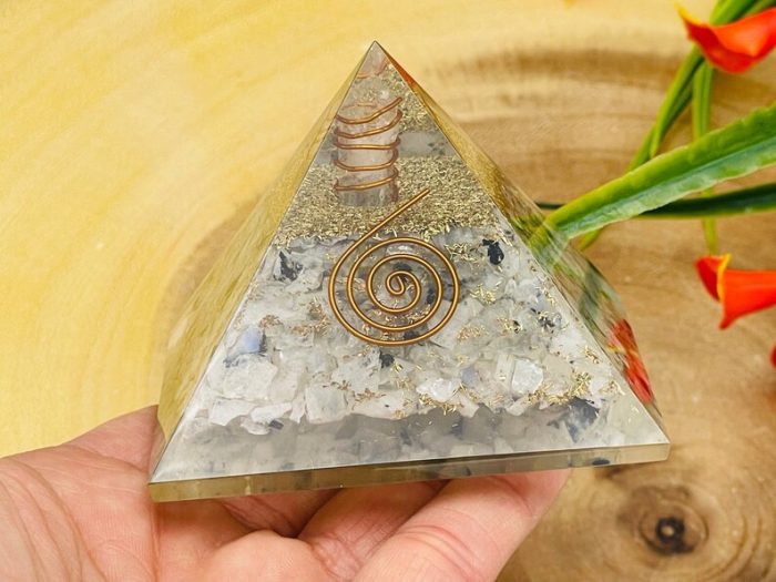 Rainbow Moonstone Orgone Pyramid with Reiki Sign with Clear quartz Point | Moonstone Orgonite Pyramid | Reiki Chakra Pyramid | 3"