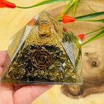 Labradorite Orgone Pyramid with Reiki Sign with Clear quartz Point | Labradorite Orgonite Pyramid | Reiki Chakra Pyramid | 3"