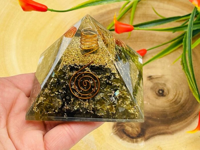 Labradorite Orgone Pyramid with Reiki Sign with Clear quartz Point | Labradorite Orgonite Pyramid | Reiki Chakra Pyramid | 3"