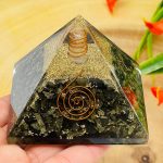 Golden Pyrite Orgone Pyramid with Reiki Sign & Clear Quartz Point | Fools Gold Pyrite Orgonite Pyramid | Reiki Chakra Pyramid | 3 inch